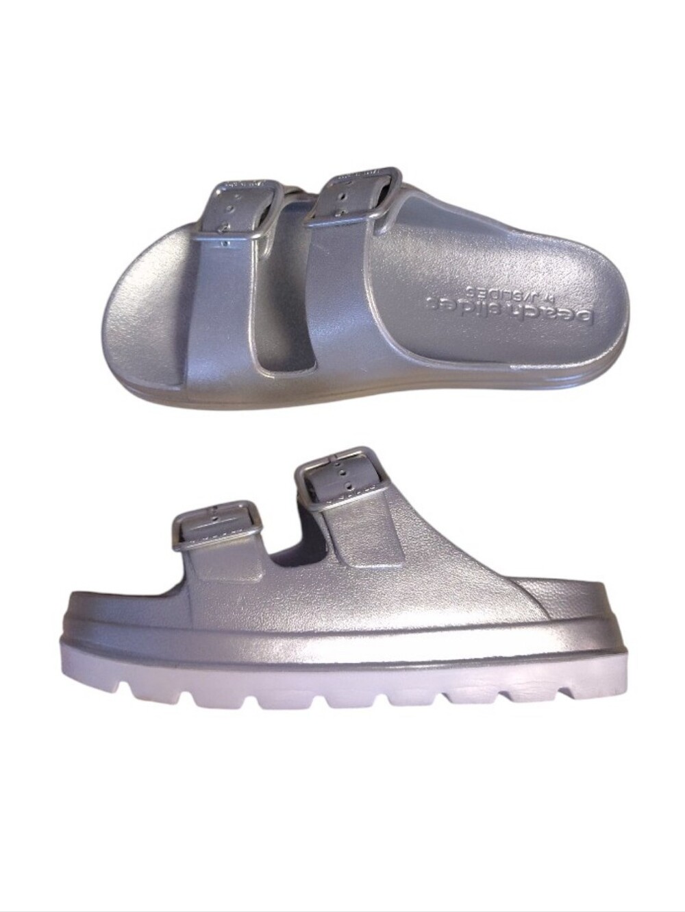 JSlides Simply Silver Double Buckle Platform Beach Slides Sandals SZ 8